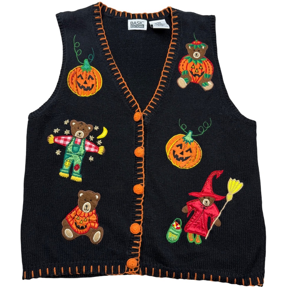 VTG Basic Editions Halloween Sweater Vest Black Embroidered Bears Pumpkins Large